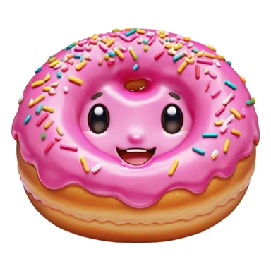 Cinematic tiny happy donut, round and fluffy, golden brown with pink icing and sprinkles, tiny adorable face with blushing cheeks, warm glowing background. sticker