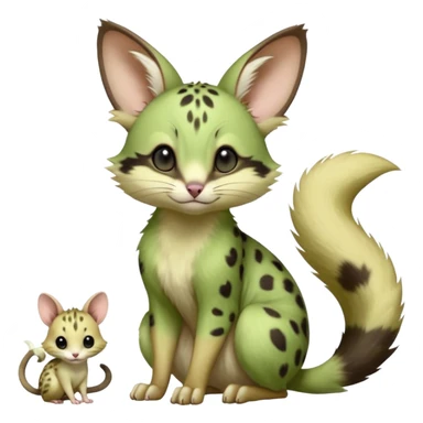 Light-neon-green, soft realistic romantic vintage antique divine beautiful elegant pretty precious cute young youthful  Fakémon-Pokémon-opossum-feline-mouse-serval-caracal-chinchilla-Minccino-Cinccino-Meowstic-rodent-hybrid-creature with a tufted tail (full body) sticker