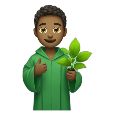 a student in a green robe with a green sprout in his hands. sticker
