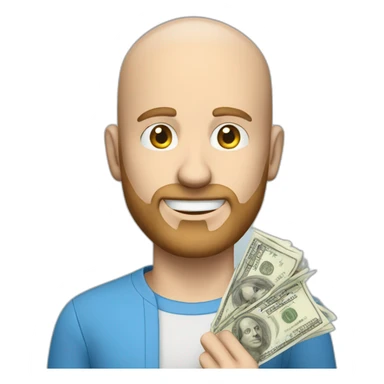white male with small beard and almost bald  smart casual blue shirt holding money sticker