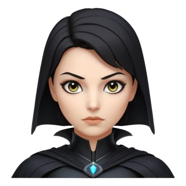 dark sci-fi villain female portrait, head and shoulders only, black armor, cape collar, intense eyes, sharp confident expression, subtle futuristic makeup, dramatic lighting, 3D cartoon, mobile game icon style, clean background, no text, no watermark
 sticker