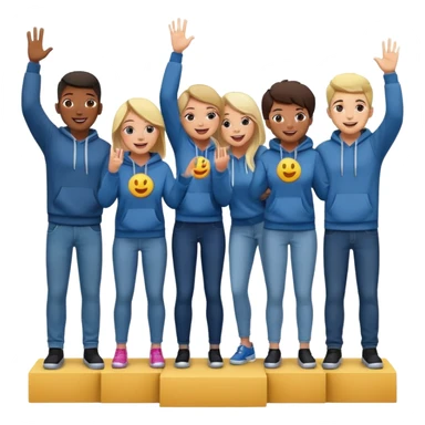 multi-racial group on a winners’ podium, no numbers, all in jeans and hoodies, very excited, fun, expressive emoji style sticker