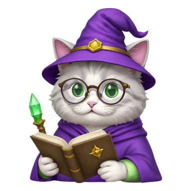 fluffy cat wizard reading a spellbook wearing glasses and a purple hat sticker