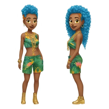 Person wearing funky tropical outfit collage with gold chain necklace and blue and ginger dyed hair sticker