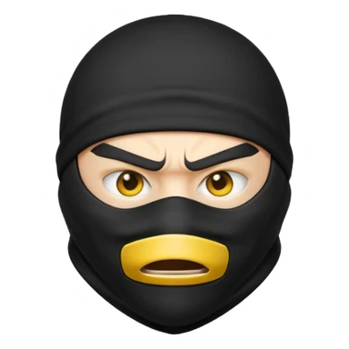 angry ninja face emoji, classic yellow emoji style, all black ninja mask covering mouth and nose, only angry eyes visible sticker