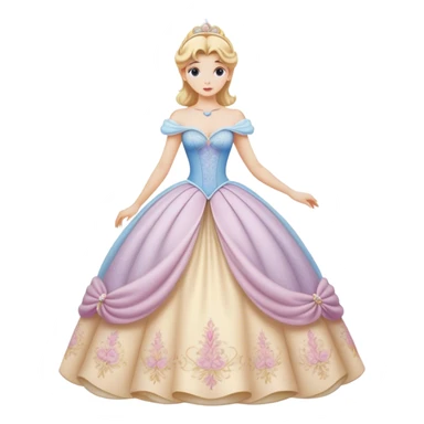 Cinematic Realistic Cinderella Portrait, depicted with lifelike porcelain skin, elegantly styled blonde hair, and a serene, graceful expression. Dressed in her classic ball gown with intricately detailed fabric textures and delicate pastel hues that catch soft, natural lighting, this portrait captures the timeless beauty of a fairy tale princess. sticker