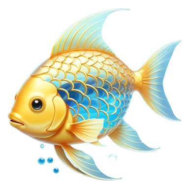 Ethereal golden fish in the shape of an omega symbol, radiating gentle waves of energy that flow toward a glowing brain and heart. The fish appears translucent and luminous, with scales that shimmer with healing properties, all suspended in a dreamy blue atmosphere. sticker