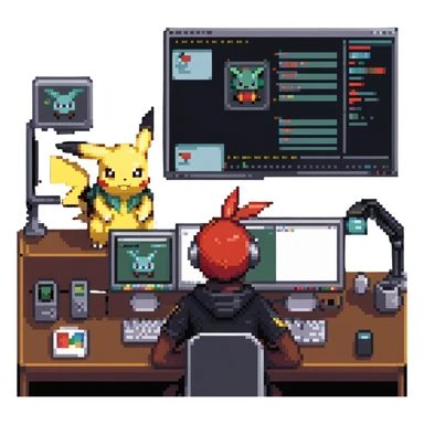 Pokémon character at a desk with video editing software on screen sticker