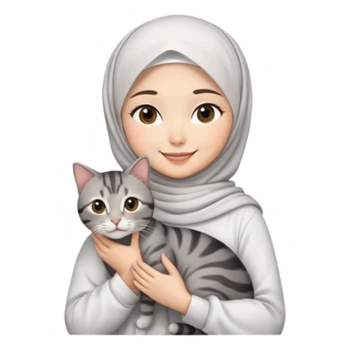 Asian White girl wearing  hijab and white dress holding a black grey tabby cat while smiling.  sticker