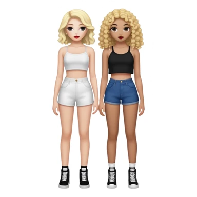 Full body of two teenage girls standing together, one white with straight blonde hair and one brown-skinned with curly dark hair, both with heavy makeup, big lips, crop tops and choni style clothing sticker