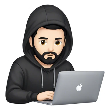 hackeur blanc cheveux noir barbe et capuche noir avec un macbook sticker