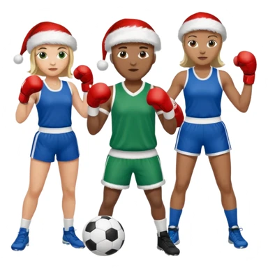 3 atletas, um homem no meio e duas mulheres com cores de pele diferentes, usando elementos esportivos, bola de futebol, luvas de luta e bola de vôlei. Coloque um chapéu de papai noel das cores verde e com roupas azul e branco sticker