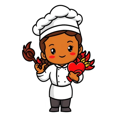 Brown-skinned female chef with long braided brown hair, wearing a chef's hat, with both an angel halo and devil horns, making a heart shape with her hands sticker