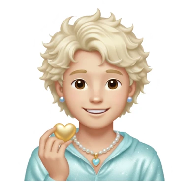 Pretty boy emoji with fluffy hair, heart-shaped face, glowing skin, soft jawline, glossy lips, pearl earring, pastel outfit, silver rings, and sparkles around him. Looks like a model but smiles like a golden retriever. sticker