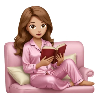Woman with light tanned skin reading a book on Beige sofa. Long wavy brown hair. Beige ivory colour background. Light pink Silk pyjamas. Realistic person. Fox eye shape with long lashes. Pinky brown lips. sticker