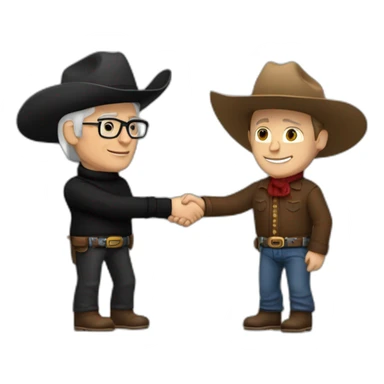 Tim Cook in black turtle neck shaking hands with a caucasian cowboy sticker