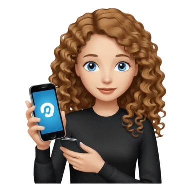 generate a pretty woman with blue eyes, light skin and medium brown long wavy almost curly shiny hair holding a phone she is looking at the phone while looking down at the screen. she is wearing an ALL black long sleeve. she is smiling sticker