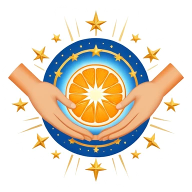 Two hands (orange and blue) shaking, surrounded by radiating lines and stars. Clean, minimalist style. Colors: orange (energy), blue (trust), gold highlights. Symbolizes teamwork, unity, and shared success. sticker