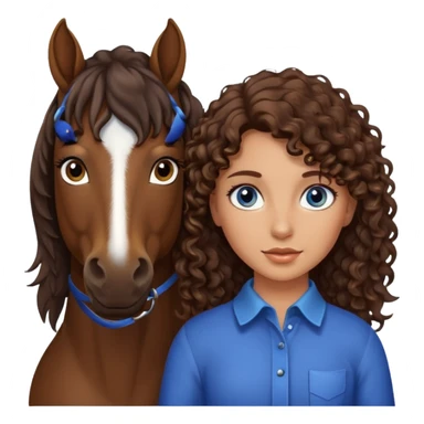 Tan Girl with brown curly hair and blue eyes with an all dark brown horse that has straight hair sticker