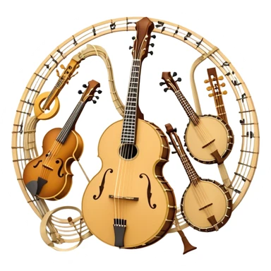 Design a complex and festive emblem-like emoji representing plucked string instruments, such as a banjo, mandolin, domra, sitar, and similar instruments. The composition should resemble a heraldic crest, with the instruments arranged symmetrically and gracefully, their necks intertwining with a flowing ribbon of musical notes. The ribbon should weave through the strings and headstocks, symbolizing the harmonious connection between the instruments. Use detailed engraving on the instrument bodies and fretboards to emphasize their craftsmanship. Incorporate rich, celebratory colors like gold, mahogany brown, deep green, and vibrant accents. Add subtle shading and light reflections to create a three-dimensional, polished look. Include ornate elements like swirls, laurel leaves, and decorative flourishes to enhance the festive and professional appearance. The background should be transparent to highlight the emblem as a standalone piece. sticker
