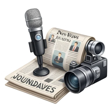 An icon featuring a microphone, a newspaper, a reporter’s camera, and soundwaves, representing journalism and mass media. The design includes headlines and imagery, symbolizing the spread of news and information. Transparent background highlights the power of communication and media. sticker