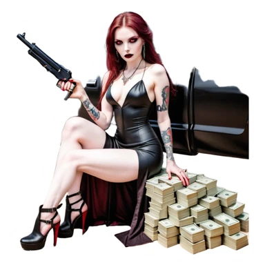 Lilith symbol red eye seductress evil long brown haired sexy succubus woman with leather long dress with slit, sitting in Big Large F350 pickup truck. Black Platform high heels on feet. Tattoo sleeve arms, seat full of stacks of cash, and a man dead human skull of her enemies and a gun in other hand sticker
