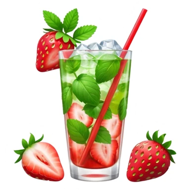 A 3D cartoon glass of strawberry mojito with mint leaves, ice cubes, and sliced strawberries, condensation on glass, bright lighting, Memoji-style realism. sticker