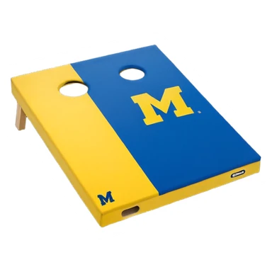 Cornhole board blue and yellow with Michigan “M” With a yellow cornhole bag sticker