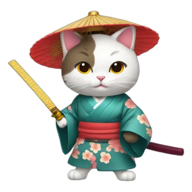 cat with a Japanese hat and a kimono holding a katana sticker
