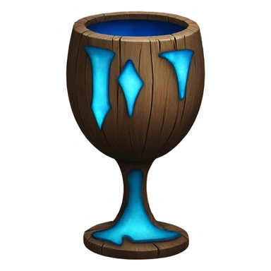 A magical goblet, large and imposing, made of aged wood with a smooth surface. It emits a bright blue glow, with magical flames dancing inside, symbolizing its power and mystery. sticker