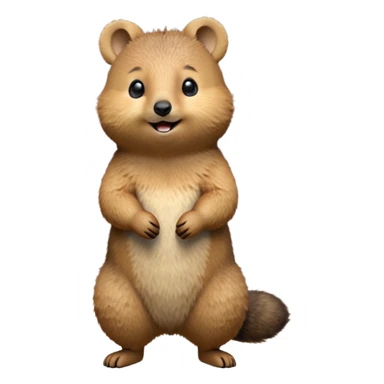 cinematic-quokka-realistic-full-body-standing-emoji,-small-round-frame-balanced-on-tiny-strong-hind-legs,-fluffy-brown-fur-radiating-a-warm-softness,-big-round-eyes-filled-with-joy-and-innocence,-tiny-clawed-paws-held-close-to-chest,-cheerful-smile-exuding-endearing-happiness,-simplified-yet-realistic-focused-features,-highly-detailed,-glowing-with-a-sunny-warmth sticker