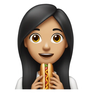 girl with long black hair, brown eyes, eating hot dog sticker