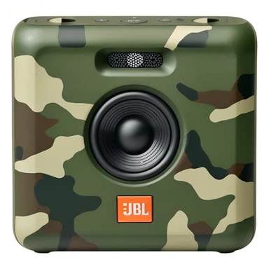 JBL Go 4 speaker in army camouflage print, minimal design aesthetic, compact speaker with simplified details, military pattern sticker