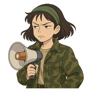 anime style woman with a green headband, camo jacket, holding a megaphone, with an aesthetic and stylish look, expression of disdain or anger, conveying dislike for elite people, ghibli style sticker