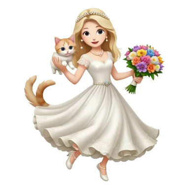 White woman - long hair - white wedding dress - holding a kitten - happy - jumping - fashionable - elegant - bouquet - dreamy - colorful - pearl accessories sticker