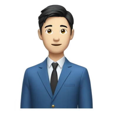 young asian deputy in blue suit and very short black hair waves his hand sticker