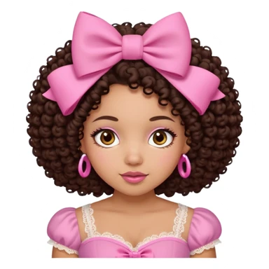 medium-light kinned afro-latina girl with medium length chocolate brown side part curly hair, brown eyes, pink sweetheart necklined top with lace, round wide-ish nose, chubby long shaped face, pink bow sticker