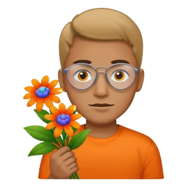 Man with bright orange shirt shirt carrying a bunch of flowers with a patch over his right eye sticker