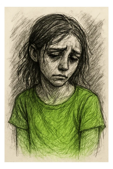 Sad girl wearing a bright green parrot green t-shirt, in pencil sketch style, with an opaque background. Use verbose prompts for detailed pencil sketch style. sticker