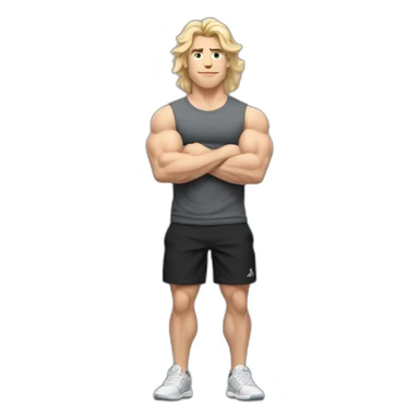 Full height Pale skinned fit man With biceps and blonde Tousled hair In dark gray sleeveless mike, black oversize sports shorts, watch and white sneakers. his arms crossed over his chest sticker