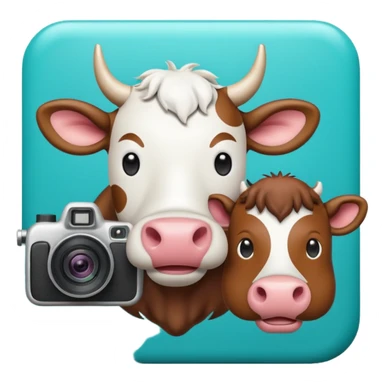 Emoji-style icon showing a cow and buffalo with a camera and image-upload symbol, representing taking a photo or selecting a file for breed detection. Simple, friendly, rounded design, clear at small sizes, teal and white accents, no text, transparent background. sticker