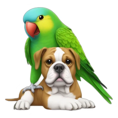 a green Parakeet sitting on a bulldog's head sticker