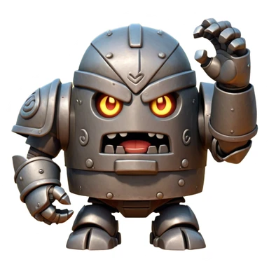 Cinematic Comical Mighty Iron Golem Portrait Emoji Head tilted dramatically with an exaggeratedly amused expression, featuring a bulky, armored form with a slightly lopsided stance, ancient runes flickering erratically, and one massive, jointed hand raised in a slow, deliberate wave. Wide, expressive glowing eyes give it an almost humorous, puzzled look, as if it’s contemplating something far beyond mortal understanding. Rendered with detailed metallic textures and deep, dynamic lighting, high shine, dramatic yet whimsical, styled with a hint of unexpected charm, soft glowing outline, capturing the essence of an endearing yet colossal guardian that looks ready to crack an impossibly slow, earth-shaking joke! sticker