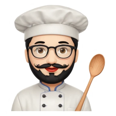 CHEF CON PIEL BLANCA, GORRO DE CHEF, PELO NEGRO Y BARBA NEGRA, OJOS MARRON OSCURO Y GAFAS DE PASTA NEGRAS. SONRIE Y TIENE MARCAS DE BESOS CON FORMA DE LABIOS EN LAS MEJILLAS (COMO MANCHAS DE PINTALABIOS) sticker