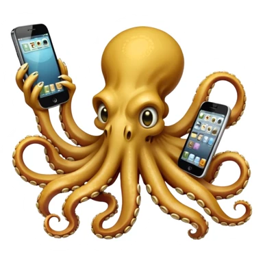 Intimidating octopus made of bones. Evil looking eyes, wearing a gold necklace. 3 tentacles are holding their own cellphone with one held to the side of its face as if its on a phone call, 2 other tentacles are holding stacks of money sticker