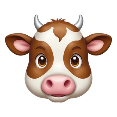 Cinematic Cute Brown and White Cow Portrait Emoji, Head tilted playfully and inquisitively, featuring a glossy, richly patterned hide of brown with striking white patches, round, sparkling brown eyes filled with gentle curiosity, Simplified yet irresistibly adorable features, highly detailed, glowing with a warm, friendly glow, high shine, affectionate and serene, stylized with a touch of country charm, bright and endearing, soft glowing outline, capturing the essence of a mischievous yet loving cow, so playful it feels like it could moo out of the screen and into your arms! sticker