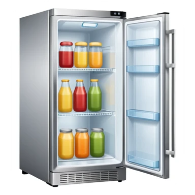 A refrigerator with a transparent front glass divided into three compartments, empty and unoccupied. The refrigerator faces forward. sticker