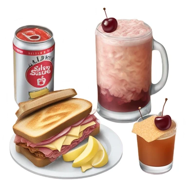 shirley temple drink with cherries and a Reuben sandwich sticker