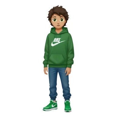 a 14 year old slightly tanned teenage boy with dark brown tousled wavy hair, dark brown eyes wearing a green tshirt, a dark green hoodie, blue jeans and green nike air jordans sticker