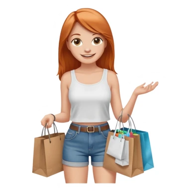 Mujer joven blanca de contextura media sonriendo con ojos chinos con cabello largo cobrizo vestida con top blanco y short de jean con bolsas de compras de ropa sticker